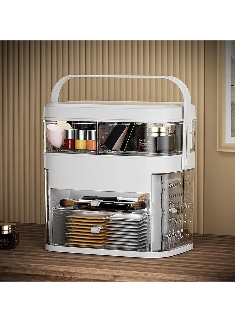 AUTOYSUR Makeup Organizer with LED Mirror Skin Care Organizer with Jewelry Holder Dustproof & Waterproof Portable Hand Strap Skincare Organizer for Bathroom Bedroom Countertop or Vanity(White)  - Image 3
