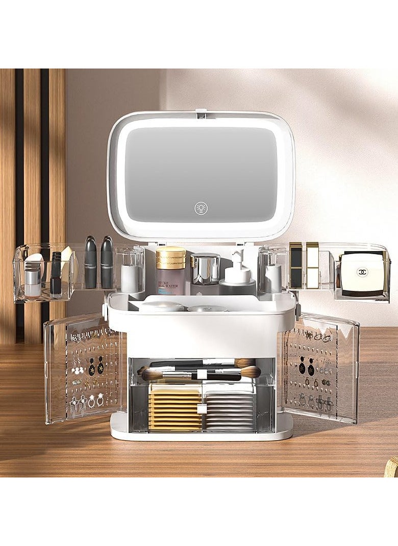 AUTOYSUR Makeup Organizer with LED Mirror Skin Care Organizer with Jewelry Holder Dustproof & Waterproof Portable Hand Strap Skincare Organizer for Bathroom Bedroom Countertop or Vanity(White)  - Image 4