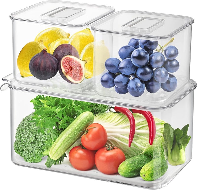 3Piece Refrigerator Storage Box Set  Stackable Freezer Storage Containers with Vented Lids  Removable Drain Tray