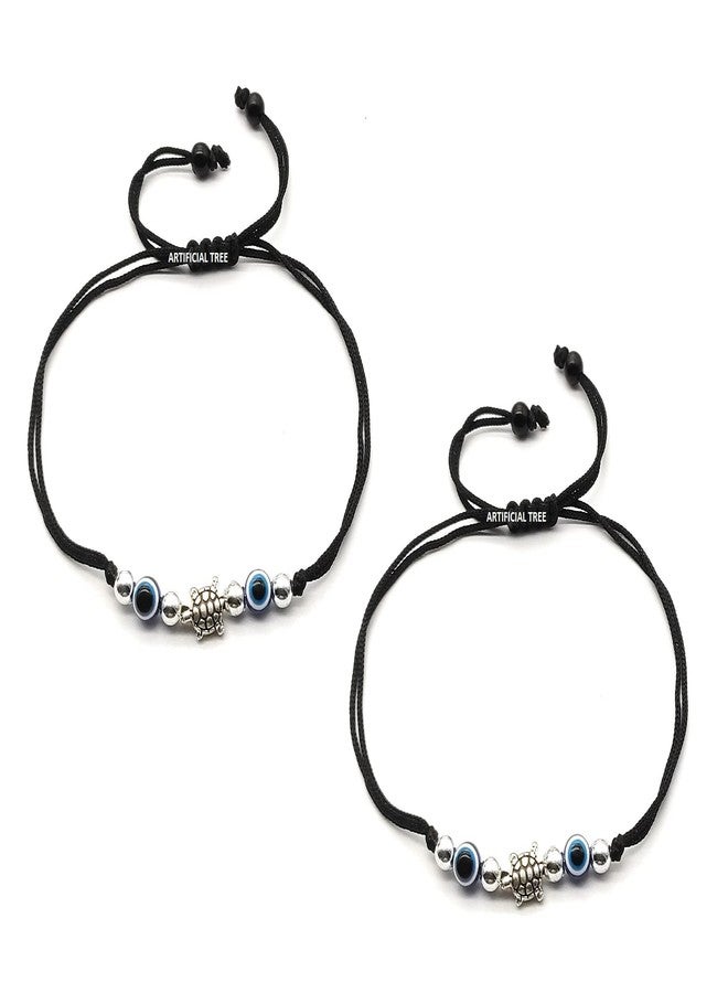 ARTIFICIAL TREE German Silver Evil Eye + Tortoise Ball Charms Black Thread Adjustable Anklet for Women and Girls (AT ANK 047) - Image 1