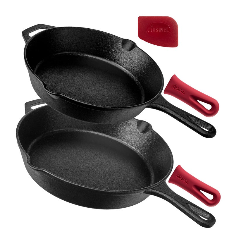 Cuisinel Cast Iron Skillets Set  10  12Inch PreSeasoned Frying Pans  Removable Silicone Handle Holder Grips  Pan Scraper  OvenSafe Cookware Kit  Accessories  Handle Helper