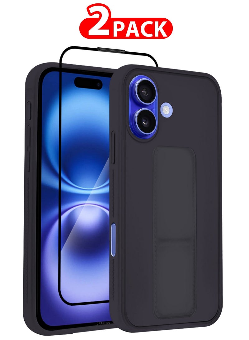 CATANES ( for iPhone 16 Plus ) 2 Pack, Case and Screen Protector Premium PU Leather Case with Stand Function Shockproof and Anti Scratch Finger Grip Case Cover / Dark Purple - Image 1