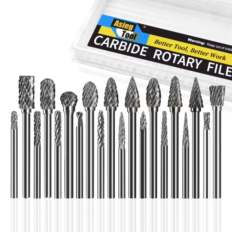 Asieg Tool 20 Pcs Carbide Die Grinder Burrs Bits 1/8" Shank for Dremel Milwaukee Metal Grinding Wood Stone Steel Carving Cutting Engraving Grinder Kit Attachment Rotary Tool Accessories Sets - Image 1