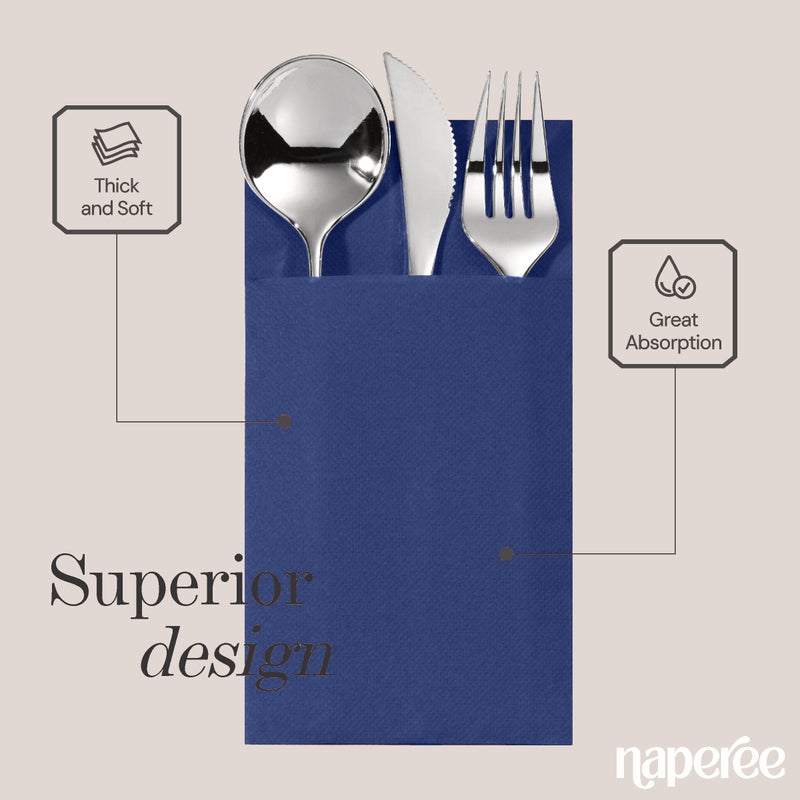NAPEREE 100-Pack Disposable Napkins With Pocket For Flatware  Blue Napkins Paper For Wedding  Dinner Or Party  Built-In Pocket For Silverware  Prefolded - Image 3