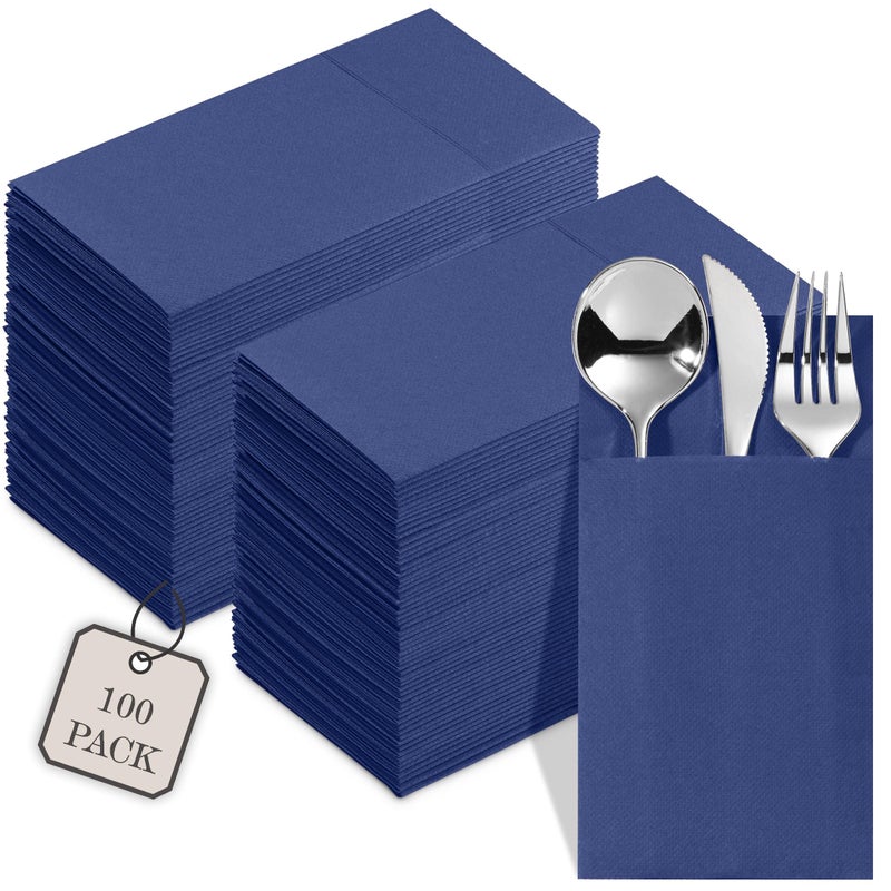 NAPEREE 100-Pack Disposable Napkins With Pocket For Flatware  Blue Napkins Paper For Wedding  Dinner Or Party  Built-In Pocket For Silverware  Prefolded - Image 1
