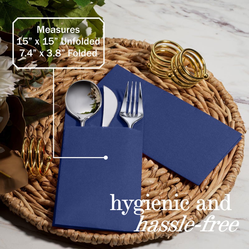 NAPEREE 100-Pack Disposable Napkins With Pocket For Flatware  Blue Napkins Paper For Wedding  Dinner Or Party  Built-In Pocket For Silverware  Prefolded - Image 4