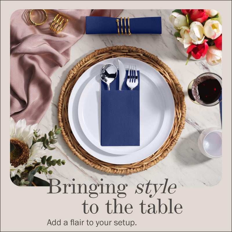 NAPEREE 100-Pack Disposable Napkins With Pocket For Flatware  Blue Napkins Paper For Wedding  Dinner Or Party  Built-In Pocket For Silverware  Prefolded - Image 2