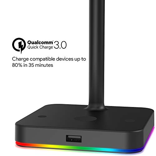 KAFRI RGB Dual Headphone Stand with Wireless Charger Desk Gaming Double Headset Holder Hanger Rack with 10W/7.5W QI Charging Pad and QC 3.0 USB Port - Suitable for Gamer Desktop Table Game Earphone - Image 4