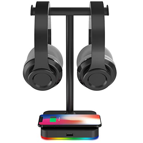 KAFRI RGB Dual Headphone Stand with Wireless Charger Desk Gaming Double Headset Holder Hanger Rack with 10W/7.5W QI Charging Pad and QC 3.0 USB Port - Suitable for Gamer Desktop Table Game Earphone - Image 1