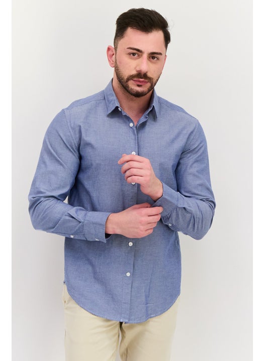 Men Regular Fit Plain Long Sleeves Casual Shirt, Blue