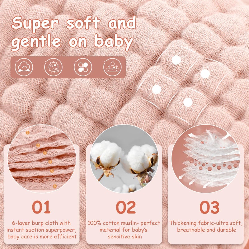 Looxii Muslin Burp Cloths Baby Girl 6 Pack - 20" x 10" - Ultra Soft & Absorbent, 6-Layer 100% Cotton for Spit Up & Drool- Gentle Baby Burping Cloth, Newborn Essentials Shower Gift Girl, Gradient Pink - Image 2