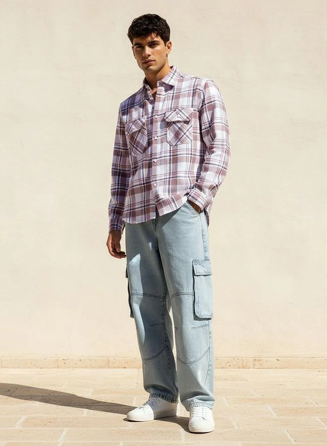 Lee Cooper PINK Lee Cooper Men Regular Fit Collared Checked Long Sleeve Shirt for Men | Best Price UAE