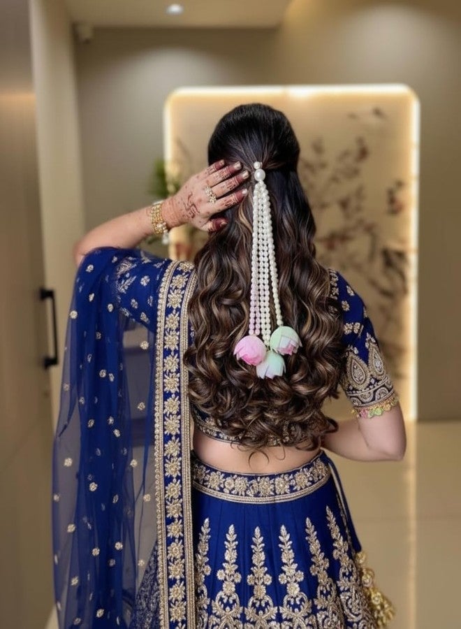 DHANABAPA Elegant Half-Up Hairstyle Pearl String Accessory, Long, Cascading Pastel Flower Latkan for Women's Traditional & Modern Look, Instant Glam for Festivities/Photoshoots, 1 Pcs. - Image 4
