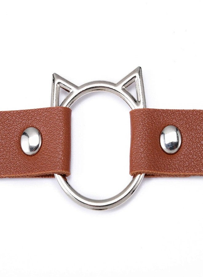 Gangel Cat Shaped Choker Punk PU Leather Choker Goth Necklace Chain Collar Halloween Cosplay Costume for Women (Pack of 1) (Brown) - Image 3