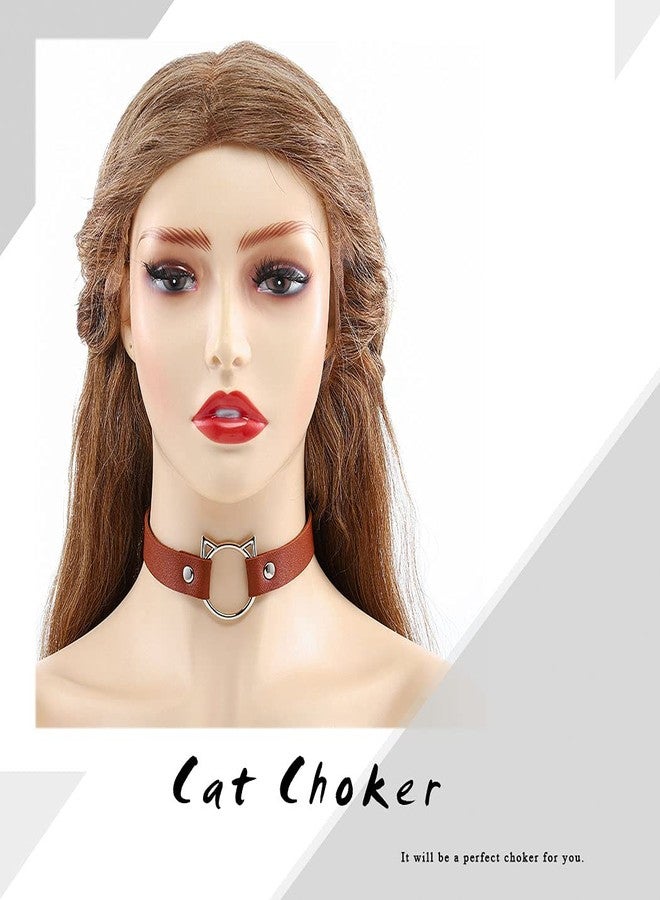 Gangel Cat Shaped Choker Punk PU Leather Choker Goth Necklace Chain Collar Halloween Cosplay Costume for Women (Pack of 1) (Brown) - Image 2