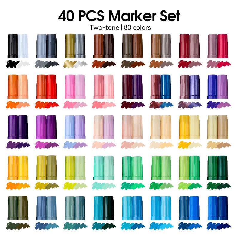 TRANSON 80 Colors Acrylic Paint Marker Set, 40 Pieces of Dual-color Acrylic Paint Pens with Brush Tips Versatile for Craft Painting, Drawing, Rock Painting, DIY, Paint on Most Surfaces - Image 4