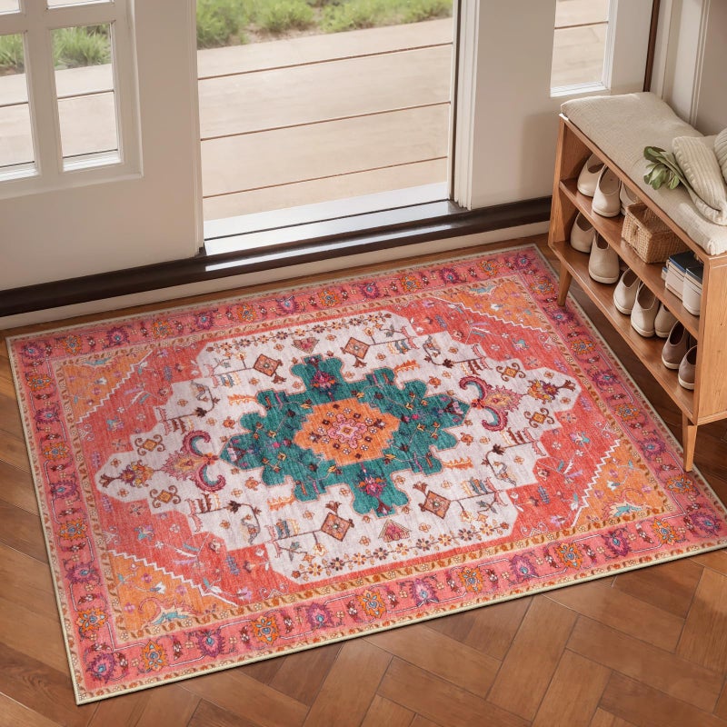 Ciicool Washable Vintage Area Rug, 2x3ft Small Boho Rug, Ultra Soft Rugs for Entryway, Non-Slip Entry Rugs Oriental Low-Pile Indoor Mat Floor Carpet for Entrance Bedroom Kitchen Bathroom Foyer Decor - Image 1