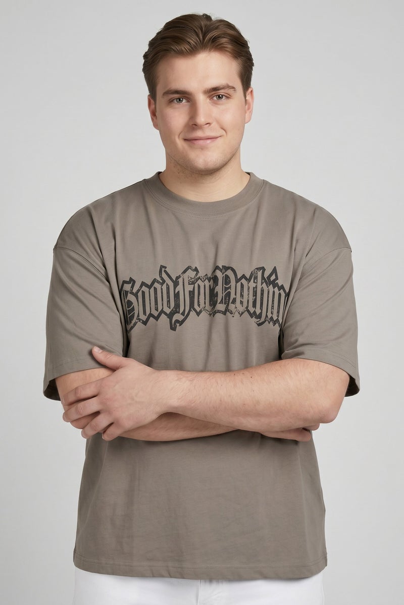 GOOD FOR NOTHING Men Crew Neck Short Sleeve Graphic Print T-Shirt, Taupe - Image 1