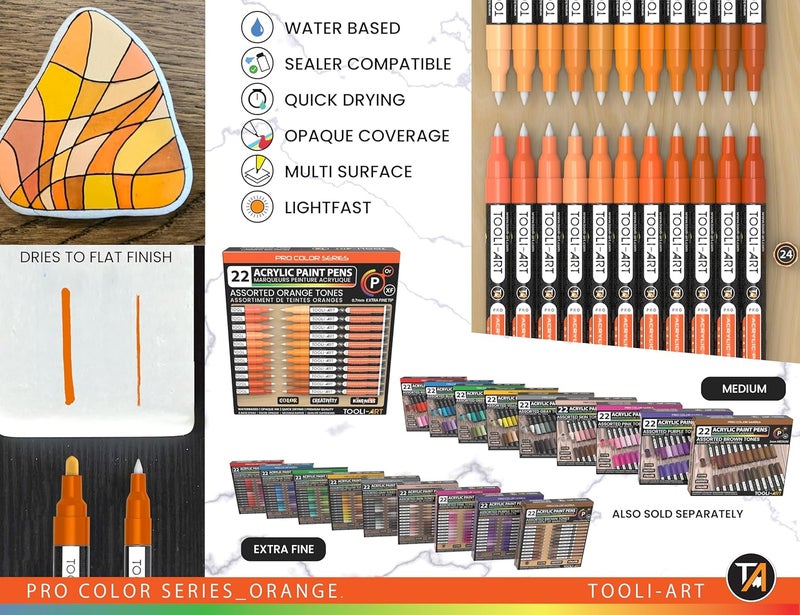 TOOLI-ART Pro Color Series Acrylic Paint Pens Set of 22 Pens with Extra Fine Tip 0.7 mm for Painting on Stones, Glass, Mugs, Wood, Metal and Canvas, Non-Toxic, Water-Based and Quick-Drying - Image 5