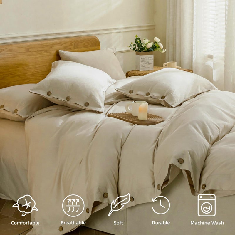 JELLYMONI Cotton Duvet Cover Twin Size - Light Khaki Comforter Cover with Button 100% Washed Cotton 2PCS Breathable Soft Solid Bedding Set Duvet Cover 68×90in & 1 Pillowcase (NO Comforter) - Image 4