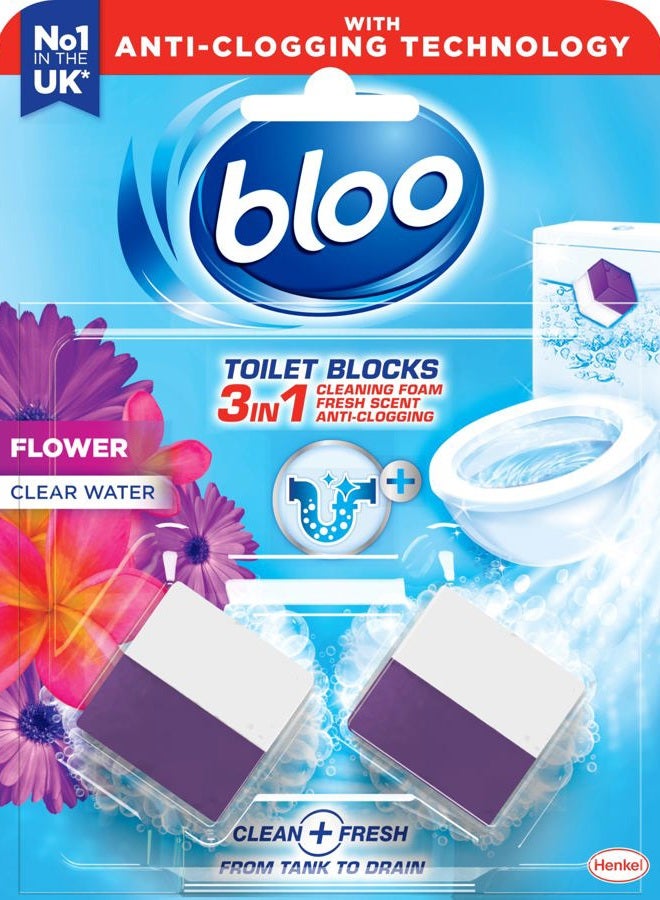 bloo New Bloo Toilet Blocks, Pack of 2, Limescale Remover Cistern, Cleaner with Cleaning and Foaming Action, Fresheners – Fresh Flowers - Image 1