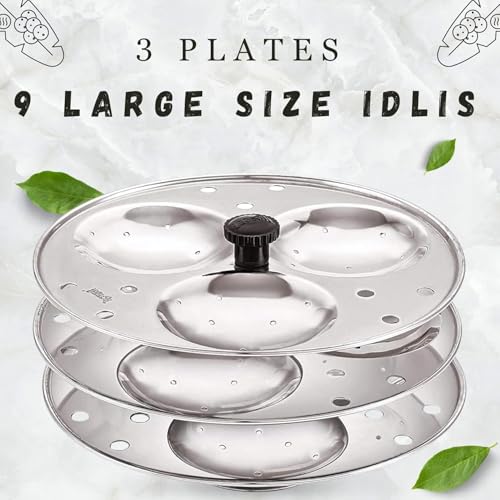 Blluex Stainless Steel Heavy Quality Idli Stand For 5 Liter above Cooker Idli Maker Makes 9 Medium Size Idlis At Once With Stand Kitchen Tool 3 Plates - Silver - Image 3