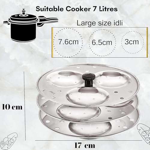 Blluex Stainless Steel Heavy Quality Idli Stand For 5 Liter above Cooker Idli Maker Makes 9 Medium Size Idlis At Once With Stand Kitchen Tool 3 Plates - Silver - Image 4