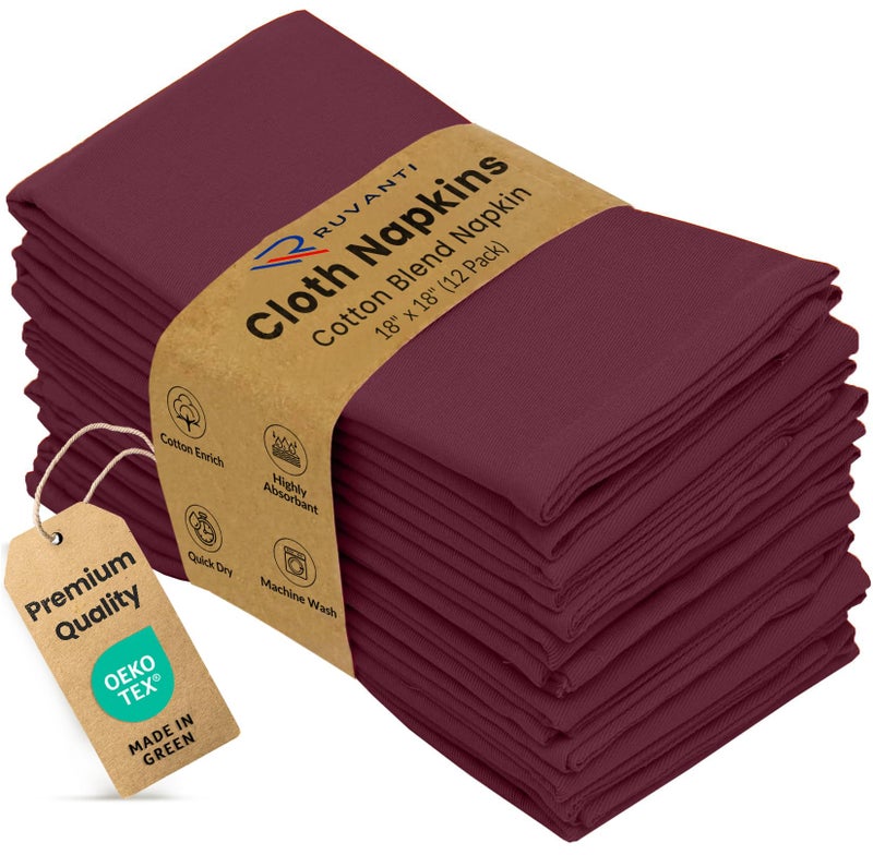 Ruvanti Cloth Napkins Set of 12 18x18 Inches Napkins Cloth Washable Soft Durable Absorbent Cotton Blend Table Dinner Napkins Cloth for Hotel Weddings Dinner Christmas Parties Burgundy