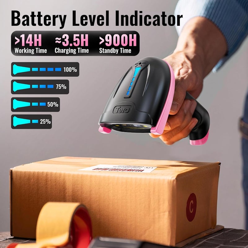 Tera Barcode Scanner Wireless Versatile 2-in-1 (2.4Ghz Wireless+USB 2.0 Wired) with Battery Level Indicator, 328 Feet Transmission Distance Rechargeable 1D Laser Bar Code Reader Handheld 5100 Pink - Image 2
