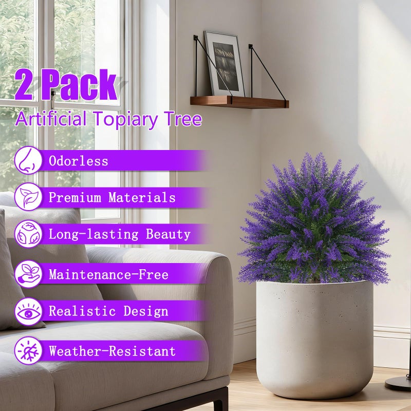 Yangrass Artificial Lavender Topiary Bushes with Ground Spike, 24" Set of 2 Faux Lavender Boxwood Ball Trees UV Resistant Fake Greenery Plants for Indoor & Outdoor Spring Porch Decor - Image 3