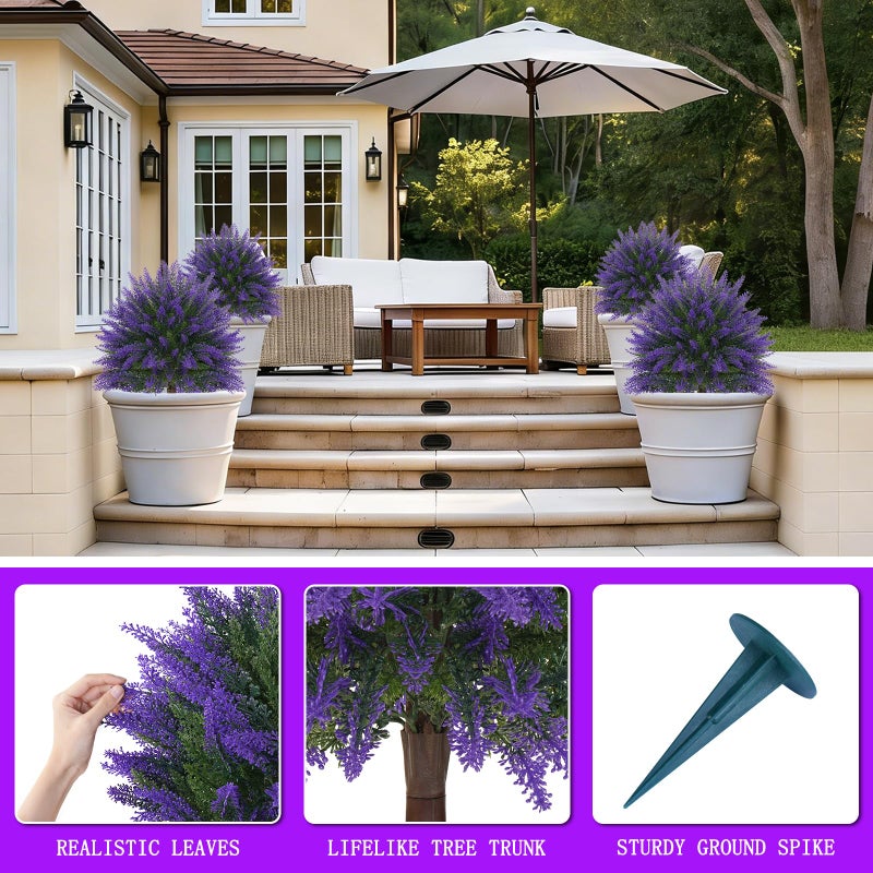Yangrass Artificial Lavender Topiary Bushes with Ground Spike, 24" Set of 2 Faux Lavender Boxwood Ball Trees UV Resistant Fake Greenery Plants for Indoor & Outdoor Spring Porch Decor - Image 5