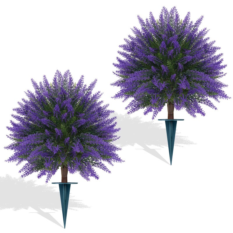 Yangrass Artificial Lavender Topiary Bushes with Ground Spike, 24" Set of 2 Faux Lavender Boxwood Ball Trees UV Resistant Fake Greenery Plants for Indoor & Outdoor Spring Porch Decor - Image 1