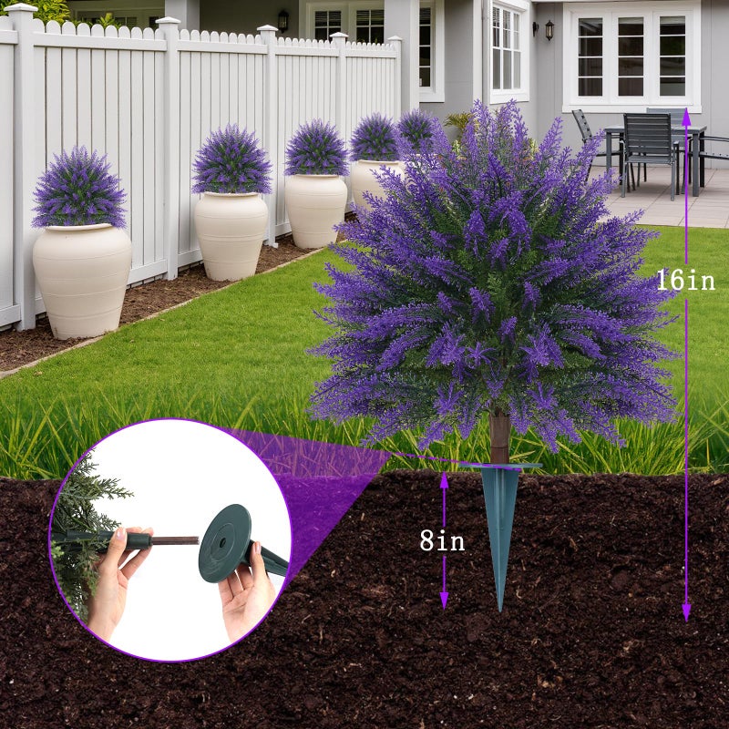 Yangrass Artificial Lavender Topiary Bushes with Ground Spike, 24" Set of 2 Faux Lavender Boxwood Ball Trees UV Resistant Fake Greenery Plants for Indoor & Outdoor Spring Porch Decor - Image 4