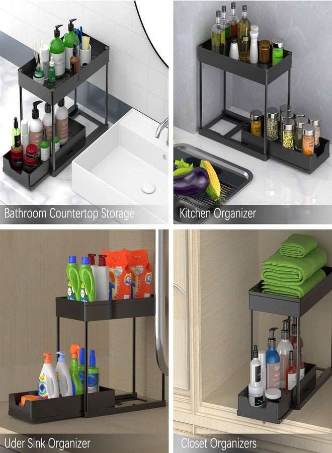 artzon 2 Pack black Under Sink Organizers and Storage, 2-Tier Sliding Cabinet Basket Organizer with Hooks, Multi-Purpose Under Sink Organizers and Storage for Bathroom Kitchen - Image 5