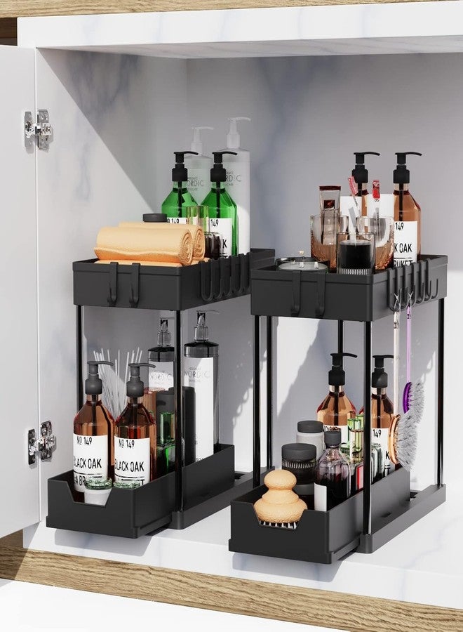 artzon 2 Pack black Under Sink Organizers and Storage, 2-Tier Sliding Cabinet Basket Organizer with Hooks, Multi-Purpose Under Sink Organizers and Storage for Bathroom Kitchen - Image 2