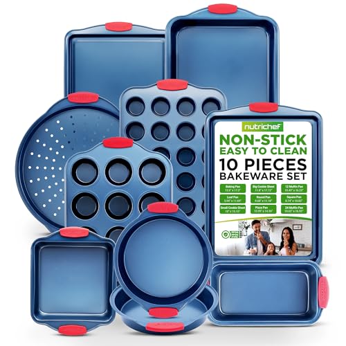 NutriChef 10Piece Nonstick Bakeware Set  Premium Carbon Steel Baking Pans wSilicone Handles  Includes Pizza Tray 12  24 Cup Muffin Pans Cookie Sheets Round  Square Pans Loaf Pan  Blue