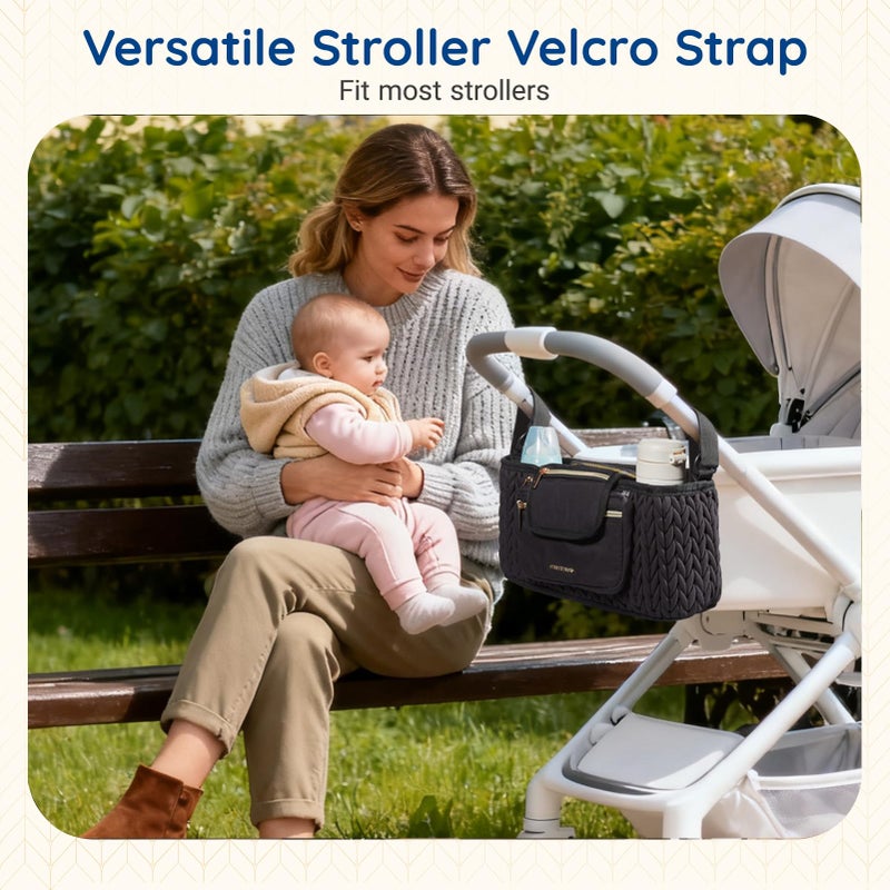 mommore Stroller Organizer with Insulated Cup Holders, Adjustable Stroller Caddy with Detachable Phone Bag, Stroller Accessories Fits for Uppababy, Doona, Jogger, Britax (Black) - Image 2