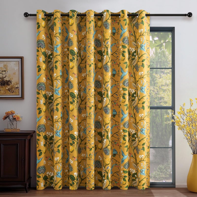 Topfinel Sliding Door Patio Floral Curtains & Drapes, Blackout Extra Wide Room Divider Large Mustard Yellow Vintage Farmhouse Country Hummingbird Patterned Grommet Curtains 1 Single Panels W100 x L84 - Image 1