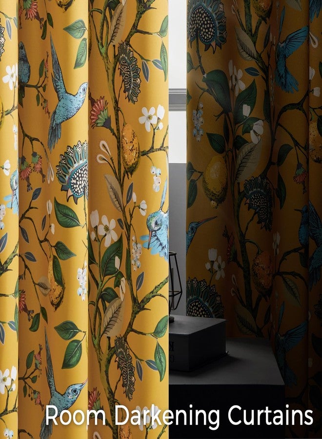 Topfinel Sliding Door Patio Floral Curtains & Drapes, Blackout Extra Wide Room Divider Large Mustard Yellow Vintage Farmhouse Country Hummingbird Patterned Grommet Curtains 1 Single Panels W100 x L84 - Image 3