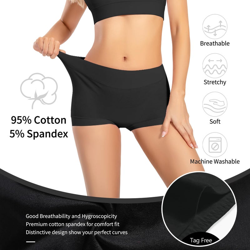Migbean Women's Cotton Boy Shorts Underwear - High Waisted, Full Coverage, 5 Pack, Black - Image 3
