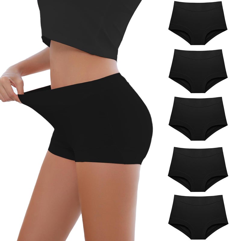 Migbean Women's Cotton Boy Shorts Underwear - High Waisted, Full Coverage, 5 Pack, Black - Image 1