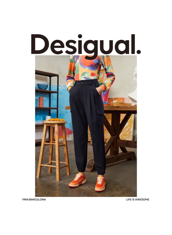 DESIGUAL سروال نسائي كاجوال بقصة فضفاضة، جيوب كبيرة، تطريز، وأرجل مكفوفة - Image 3