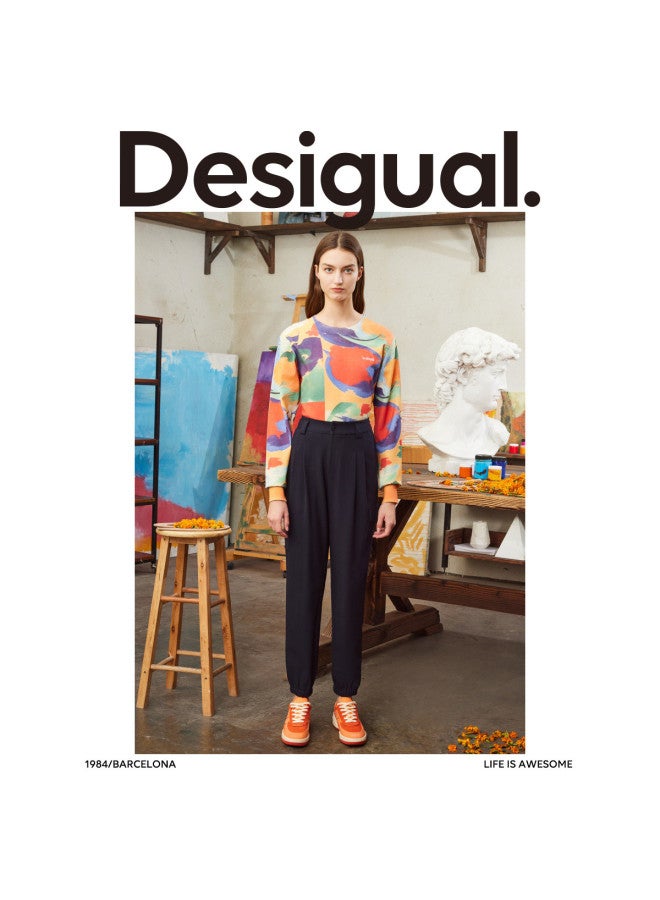 DESIGUAL سروال نسائي كاجوال بقصة فضفاضة، جيوب كبيرة، تطريز، وأرجل مكفوفة - Image 5