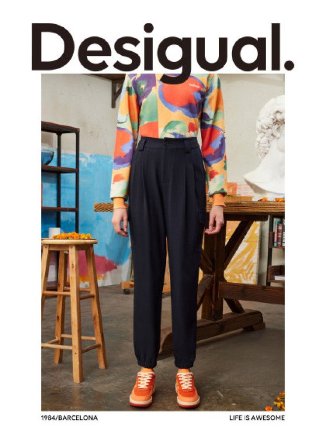 DESIGUAL سروال نسائي كاجوال بقصة فضفاضة، جيوب كبيرة، تطريز، وأرجل مكفوفة - Image 1