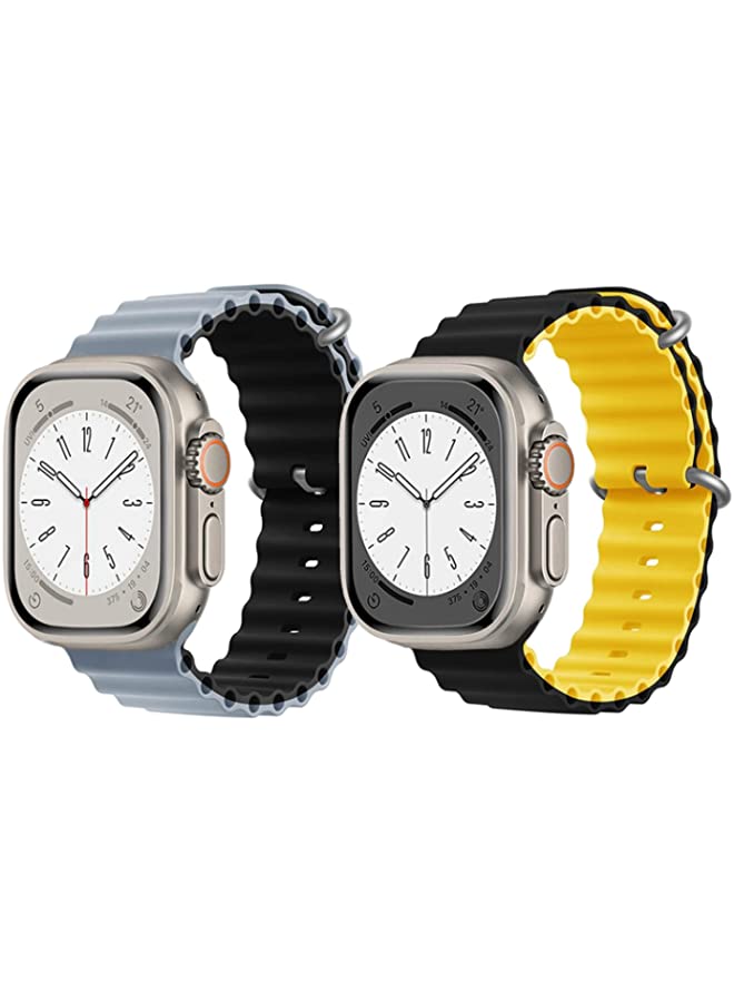 IAF Silicone Ocean Band Strap for Apple Watch Ultra 8 49mm Light Blue/Black Double Side Strap with Black/Yellow Double Side Strap Set of 2