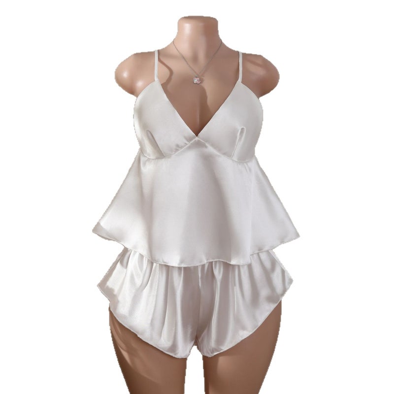 Satin Faux Silk Short Pajama Set - Summer Short-Sleeve Top & Shorts Lounge Sleepwear Set - Image 5