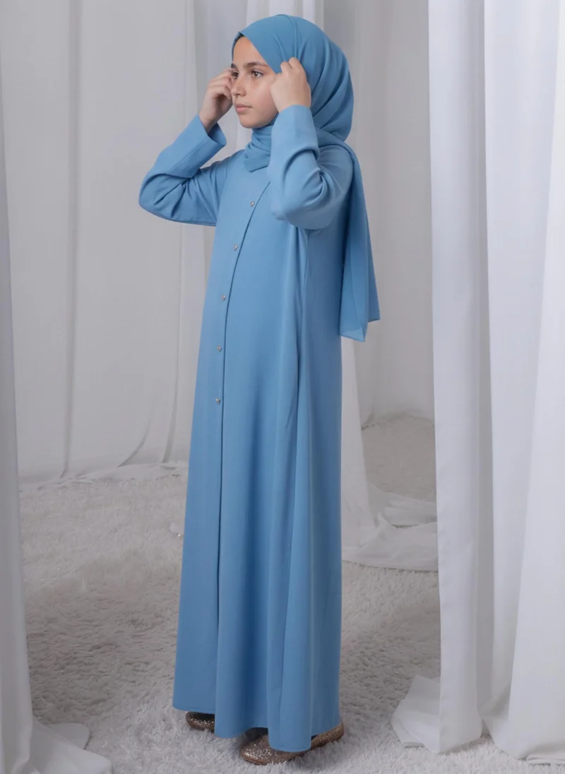 أم سكوير فاشن Sky Blue Kids Abaya with Matching Hijab for Girls Korean Nida Fabric Modest Islamic Dress 8 Colors Available