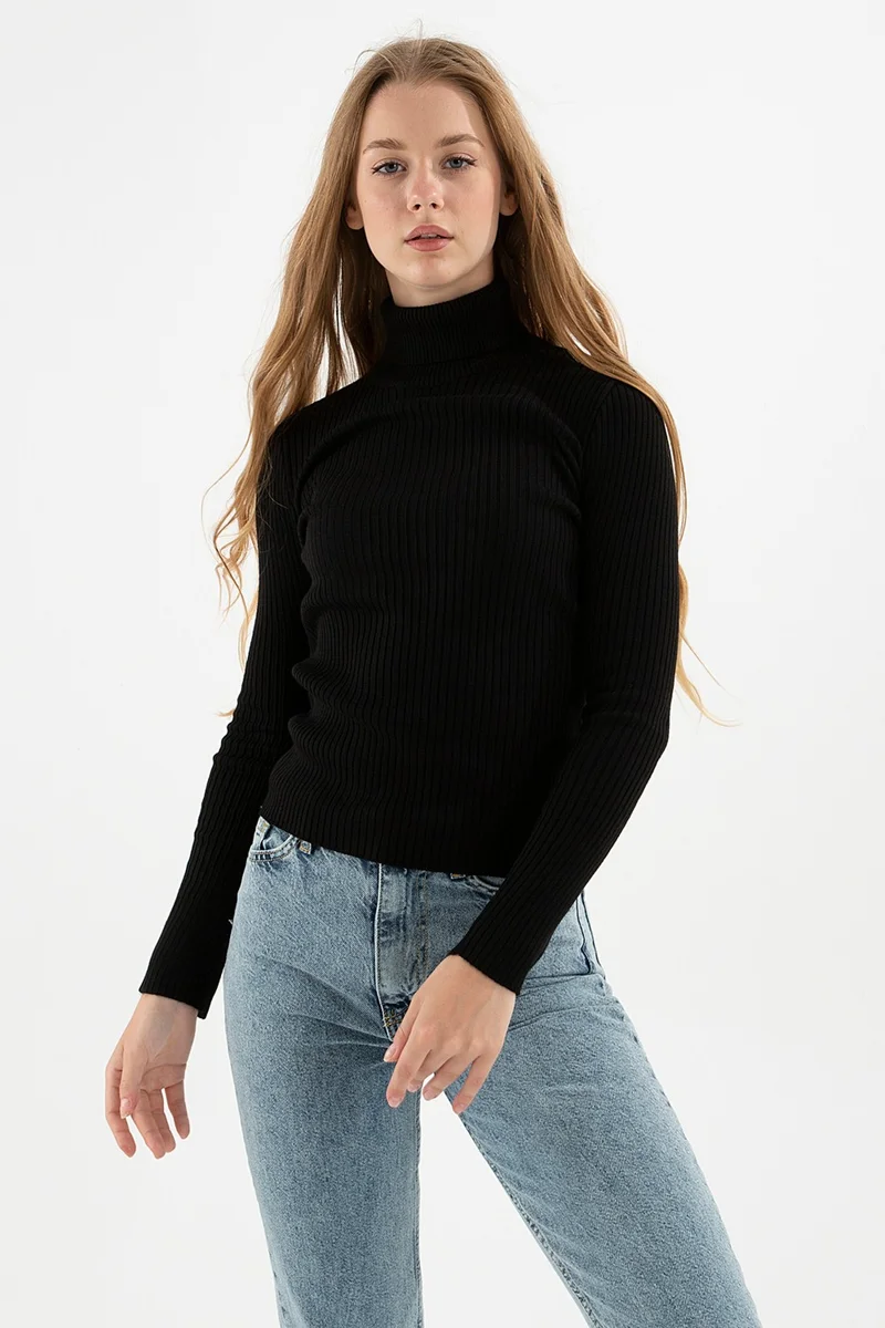 فاشن فريندز Slim Fit Turtleneck Ribbed Knitwear Sweater Women's Sweater 24K0288K1