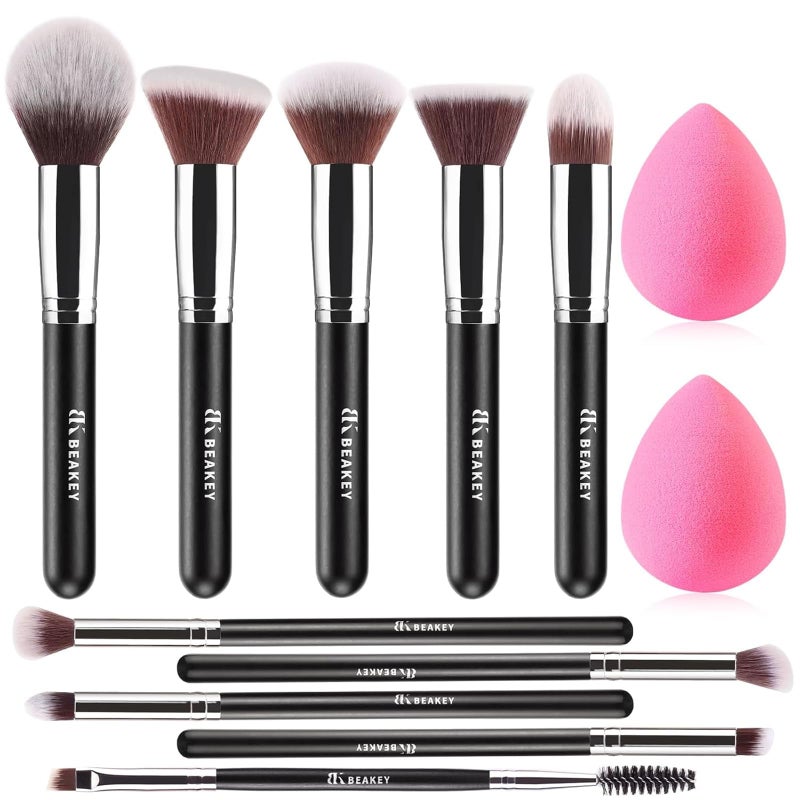 BEAKEY BEAKEY Makeup Brushes Set, Professional Foundation Eyeshadow Concealer Blush Powder Bronzer Applicator, 2 Blender Sponge with Beauty Paper Case 