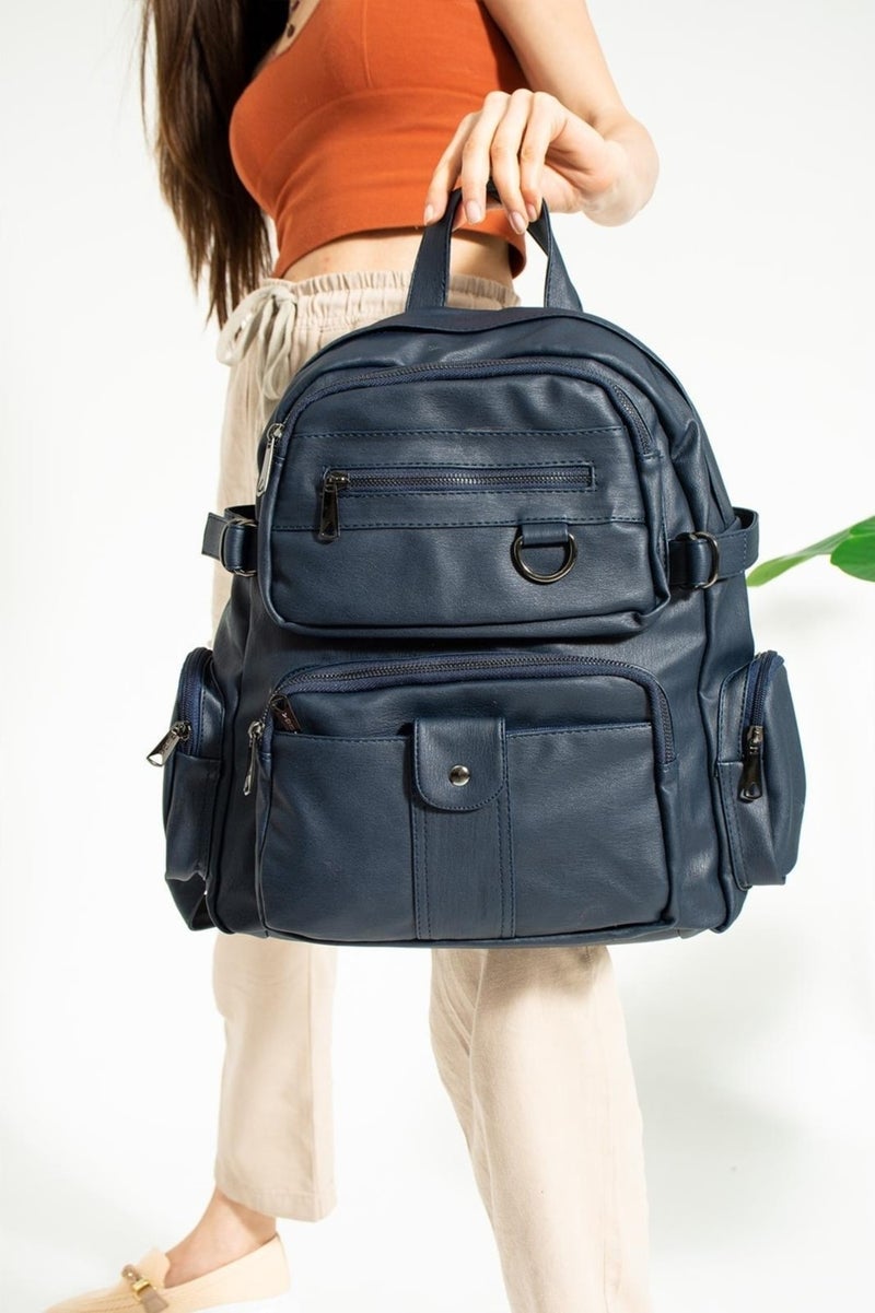 Çanta Trend Bag Trend Women's Navy Blue Washed Leather Large Size Backpack  - Image 4